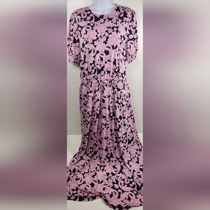 Boden Dress Pink & Navy Floral Maxi Women's Size 10R Smocked Waist